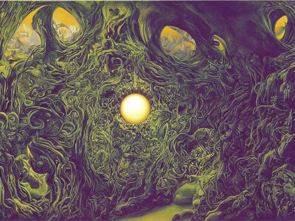 Prompt: The inside of the sun. Mystical, organic, crystal, iridescent, infinite hallways. Eye. Entwined gods. Painting by Roger Dean, Escher, Lucas Cranach