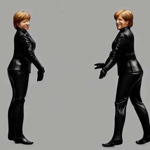 Image similar to detailed angela merkel portrait black leather gantz clothes by shunya yamashita