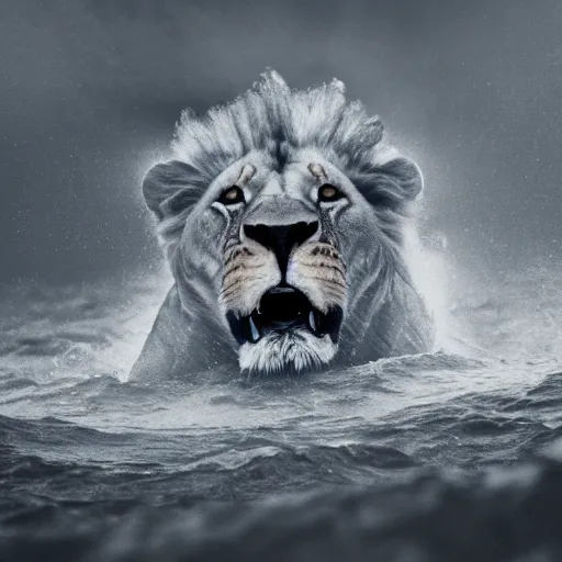 Image similar to a male lion's face breaching through a wave, stormy weather, ocean sprites, closeup of face, trending on artstation, dark lighting, face encircled by ocean wave