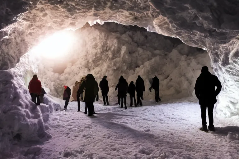 Prompt: people exploring an open mysterious underground wintry crystalline icy cave with warm glowing lanterns