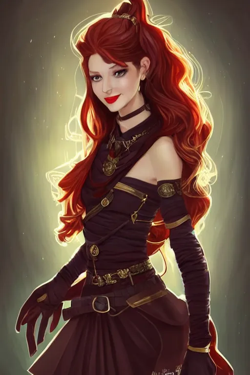 Image similar to a full body portrait of a gorgeous female ranger, looking at camera, D&D, choker on neck, stylish dress, very long flowing red hair, intricate, elegant, stylish, cute slightly nerdy smile, mouth slightly open, fantasy, extremely detailed, digital painting, artstation, concept art, smooth, sharp focus, illustration, stunning lighting, art by artgerm and greg rutkowski and alphonse mucha and simon stalenhag