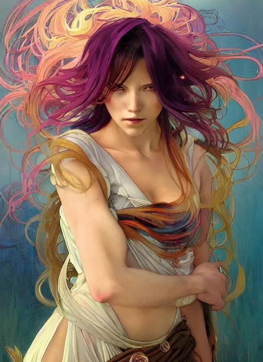 Image similar to a young woman with beautiful rainbow hair. she looks very angry. beautiful painting by artgerm and greg rutkowski and alphonse mucha