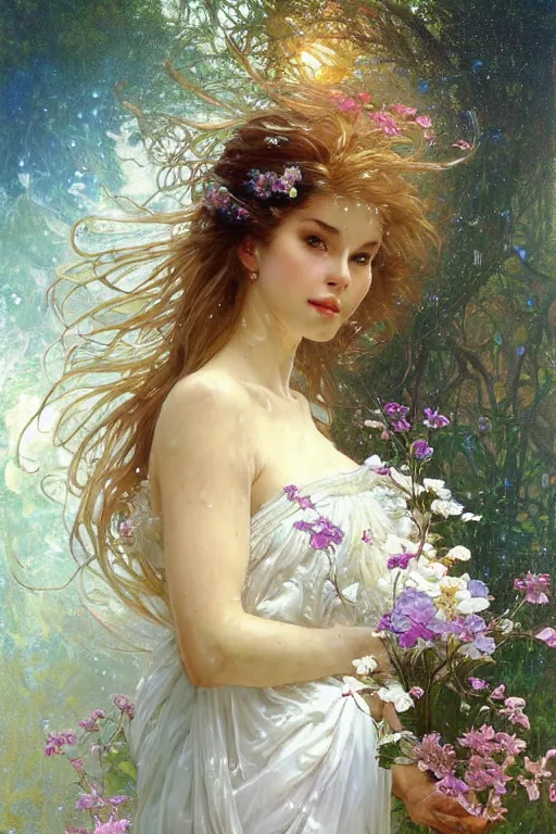 Image similar to portrait of a beautiful woman wearing a white dress, holding a bouquet of flowing flowers, drenched body, wet dripping hair, emerging from the water, fantasy, regal, fractal crystal, fractal gems, by stanley artgerm lau, thomas kindkade, alphonse mucha, loish, norman rockwell