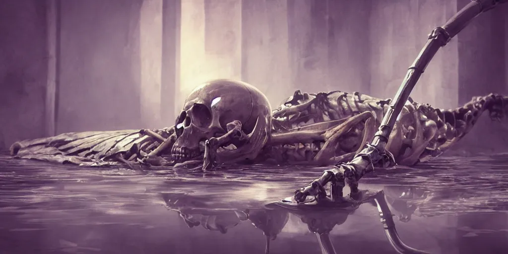 Image similar to skeleton lying in a puddle of mercury, pipe in the background, fantasy, digital art, trending on artstation