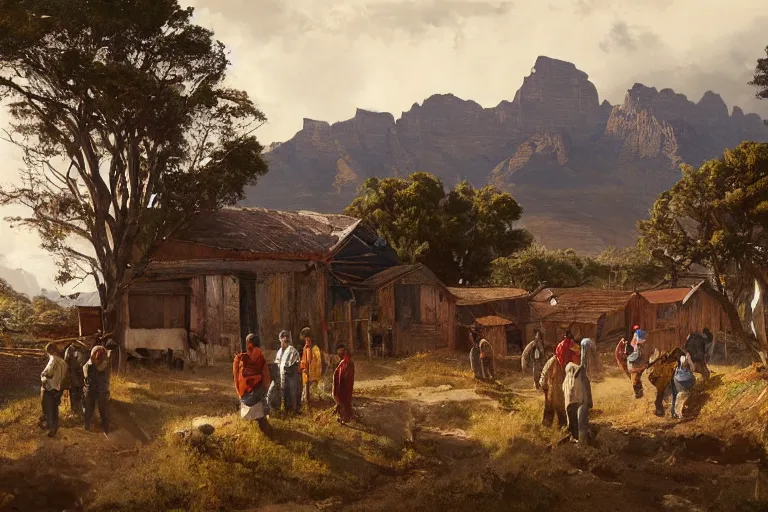 Image similar to a painting of south african immigrants in a rural patagonian village on the coast. comodoro rivadavia, rural and rocky. by greg rutkowski, trending on artstation