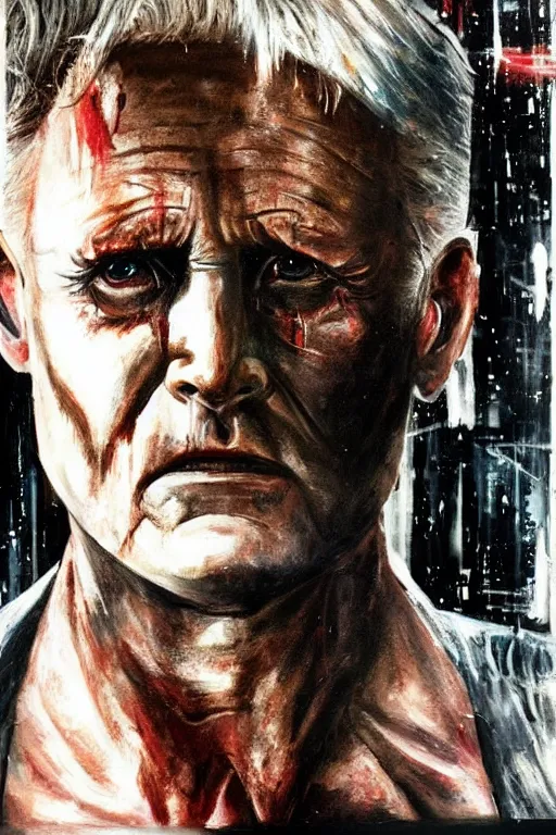 Image similar to a painting that asks the viewer to question the very purpose of life when all memories will be lost in time like tears in the rain, the replicant roy batty is capable of showing more empathy than his human creators, in the style of blade runner, ridley scott