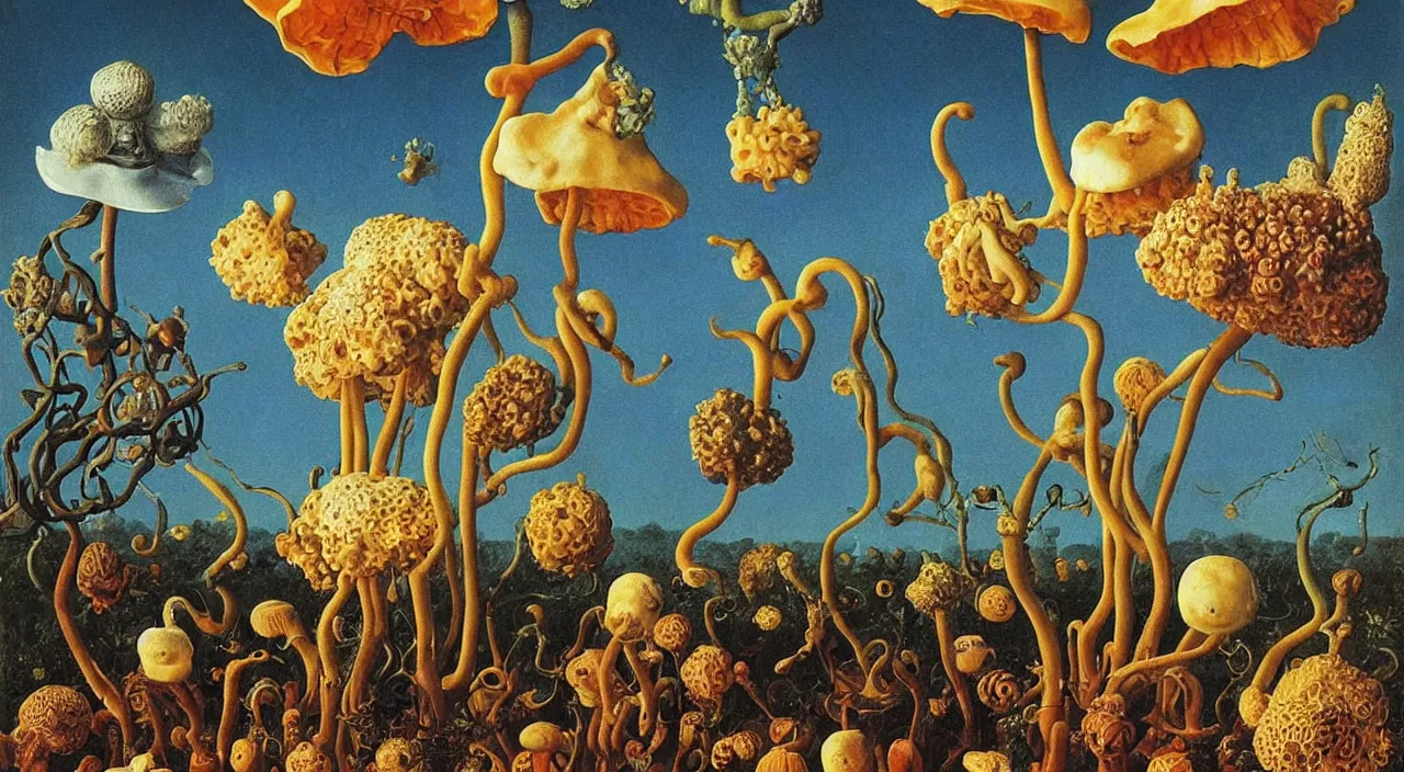 Image similar to a single colorful! ( lovecraftian ) fungus white! clear empty sky, a high contrast!! ultradetailed photorealistic painting by jan van eyck, audubon, rene magritte, agnes pelton, max ernst, walton ford, andreas achenbach, ernst haeckel, hard lighting, masterpiece