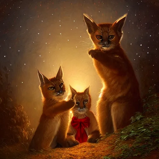 Prompt: three cute caracals wearing red bows or ties, acoustic guitar, campfire, night, atmospheric lighting, intricate, volumetric lighting, digital art, highly detailed by gaston bussiere, craig mullins, j. c. leyendecker 8 k