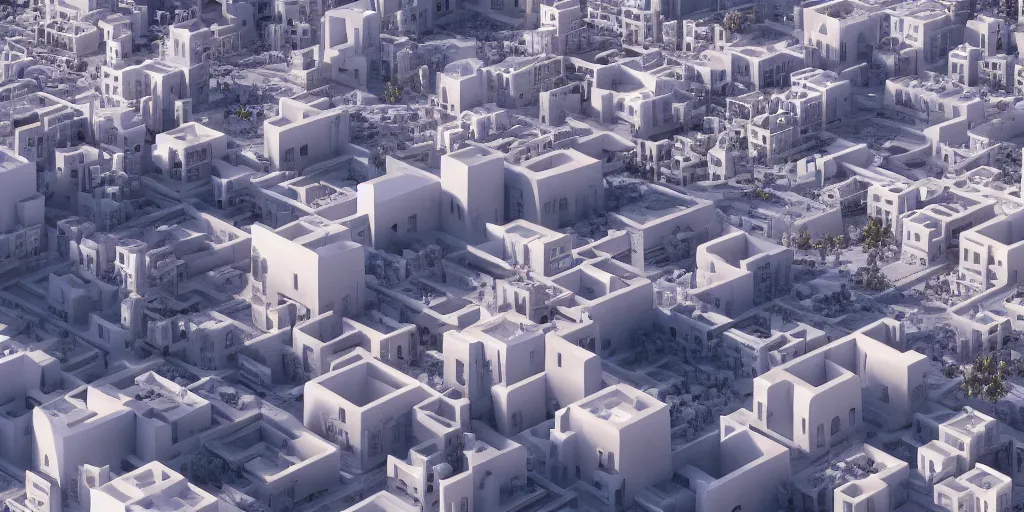 Image similar to Moroccan city, white buildings, by Leon Tukker, Makoto Kobayashi, synthetic light, people on the streets, utopia, perfect, futuristic, 8k high detail, masterpiece, trending on ArtStation