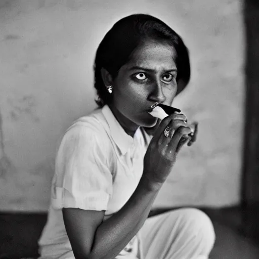 Image similar to portrait of a sri lankan woman smoking cigarette, 8 0's style
