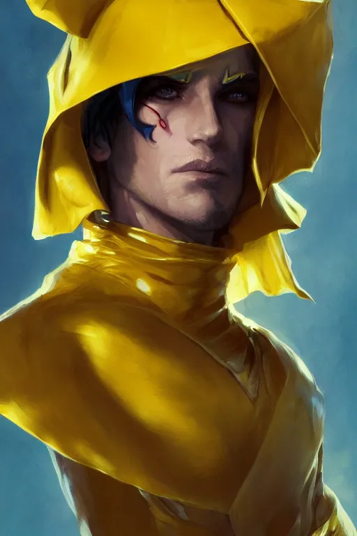 Prompt: portrait of the dome diceling magician wearing yellow hall cape by artgerm and Craig Mullins, James Jean, Andrey Ryabovichev, Mark Simonetti and Peter Morbacher 16k