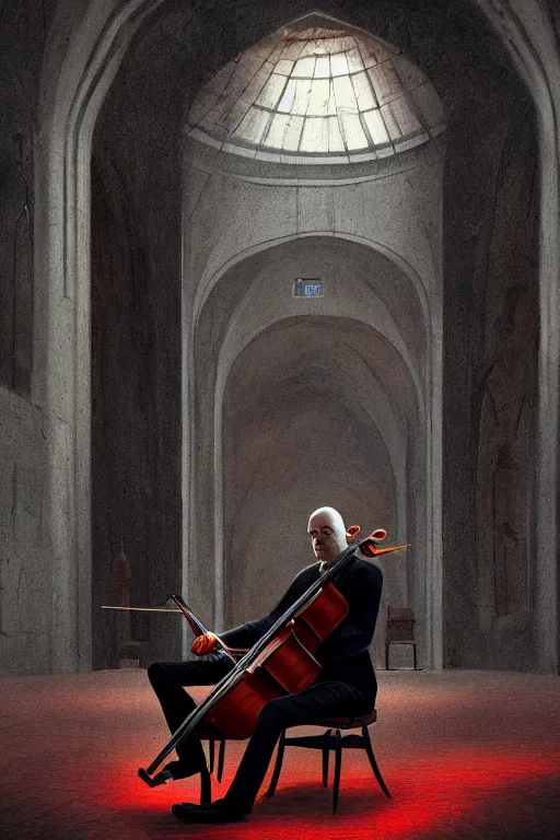 Image similar to an expressive portrait of agent 4 7 playing the cello in a monastery, dark background, red rim light, digital art, artstation, concept art by giger stalenhag