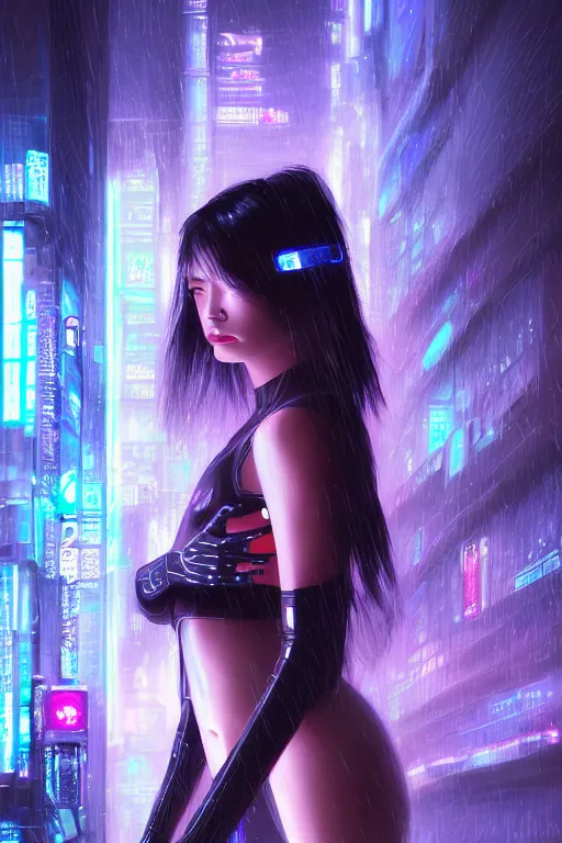 Prompt: portrait futuristic sensual cyberpunk young female Mage, in futuristic rainny thunder flashing tokyo rooftop cyberpunk night, ssci-fi, fantasy, intricate, very very beautiful, elegant, neon light, highly detailed, digital painting, artstation, concept art, soft light, hdri, smooth, sharp focus, illustration, art by tian zi and craig mullins and WLOP and alphonse mucha