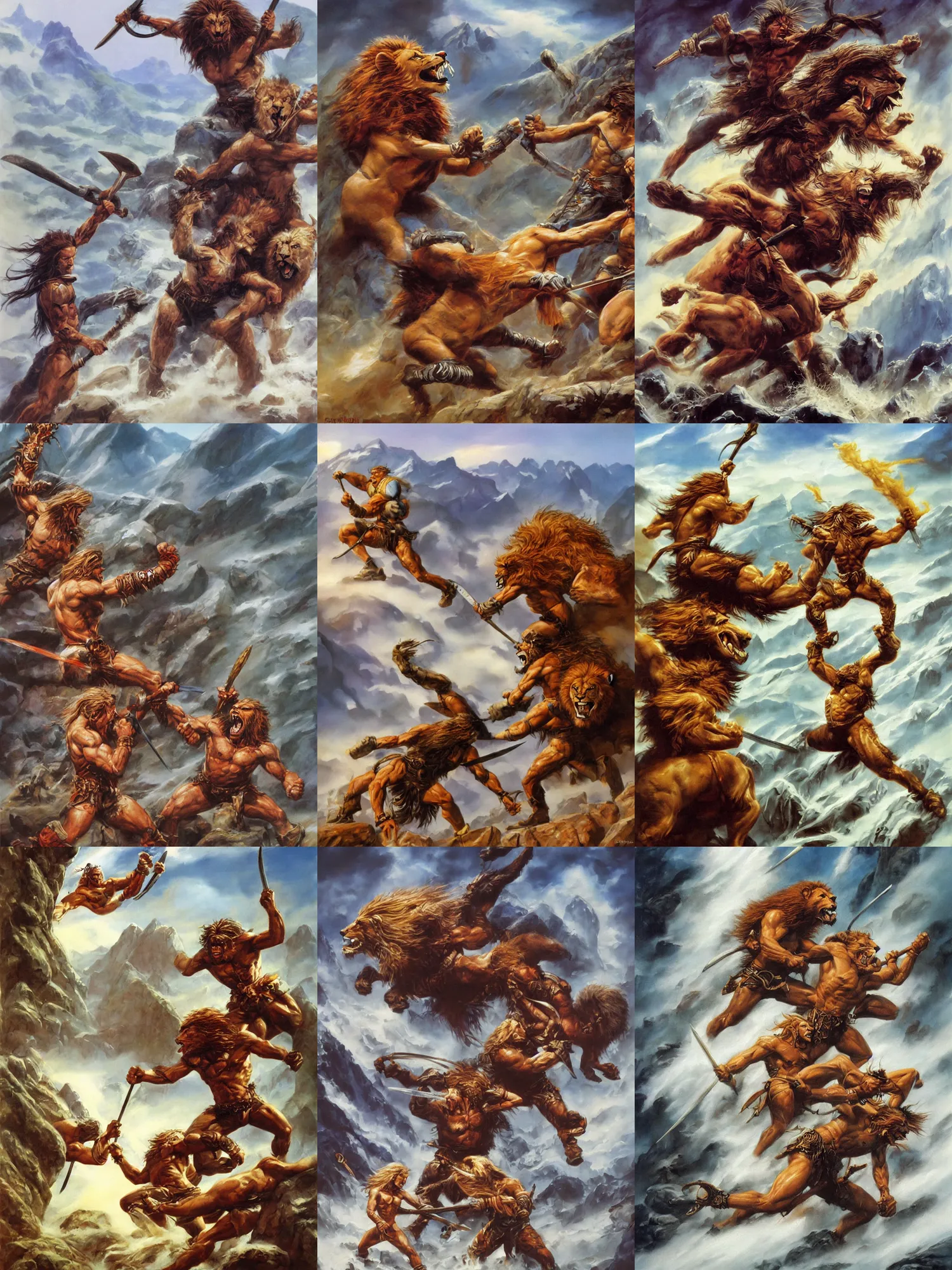 Prompt: Lion fighting Barbarian in the misty mountains, painting by Boris Vallejo