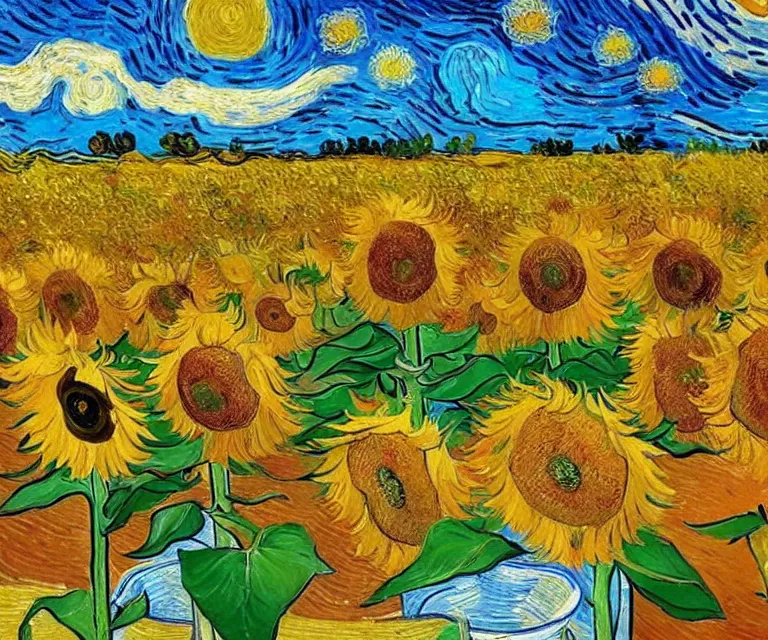 Image similar to sunflowers, van gogh, water painting, bright colors, sunlight, happy, peaceful, serene, joy