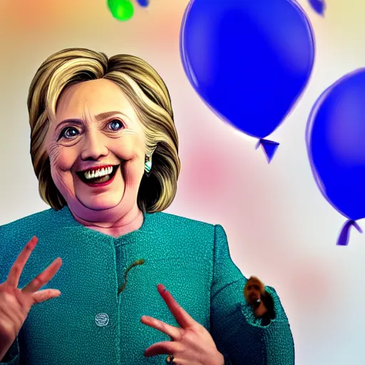 Prompt: Hillary Clinton with a lizard face looking at brightly colored balloons, photo, detailed, 4k