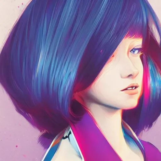 Image similar to poster woman with futuristic streetwear and hairstyle, colourful, cute face, big eyes, dynamic portrait, full face shot, intricate eyes, beautiful, elegant, Anime by Kuvshinov Ilya, Cushart Krentz and Gilleard James, 4k, HDR, Trending on artstation, Behance, Pinterest, award winning