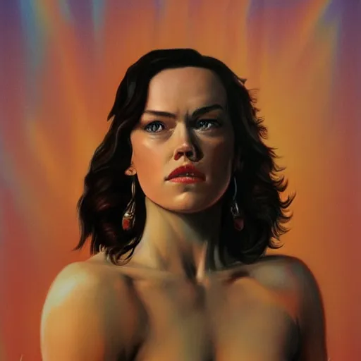 Prompt: daisy ridley, very reflective, boris vallejo style