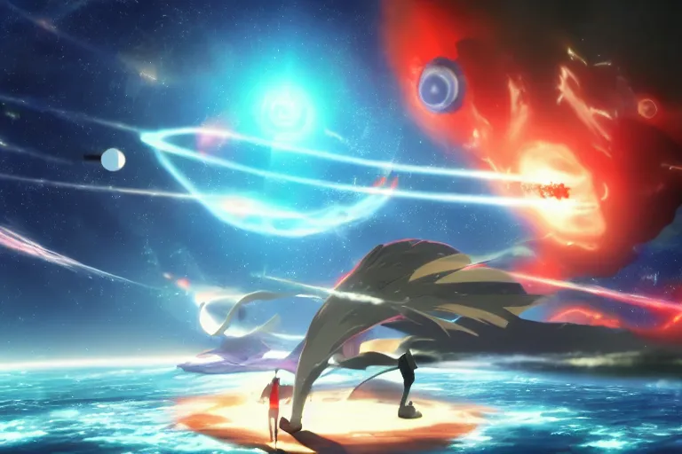 Prompt: Tonemapped Anime character splitting a gas giant in half like Moses with the Red Sea, while a pack of Space whales fly through an interdimensional rift! in the background by (Hiromu Arakawa), Makoto Shinkai and (Cain Kuga)