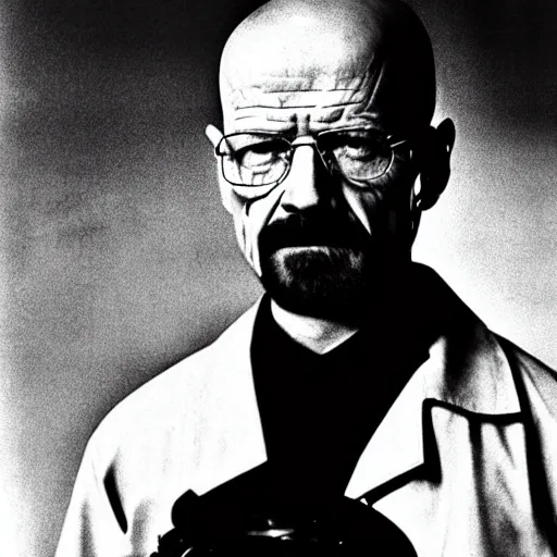 Image similar to walter white heisenberg cooking meth as a nazi scientist military uniform black and white photo