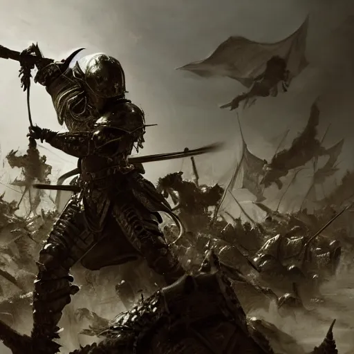 Image similar to soldier in dragon armor fighting hundreds of soldiers, 8 k octane beautifully detailed render, post - processing, extremely hyper - detailed, intricate, epic composition, cinematic lighting, masterpiece, trending on artstation, masterpiece, stunning art by anders zorn, wonderful masterpiece by greg rutkowski, beautiful cinematic,