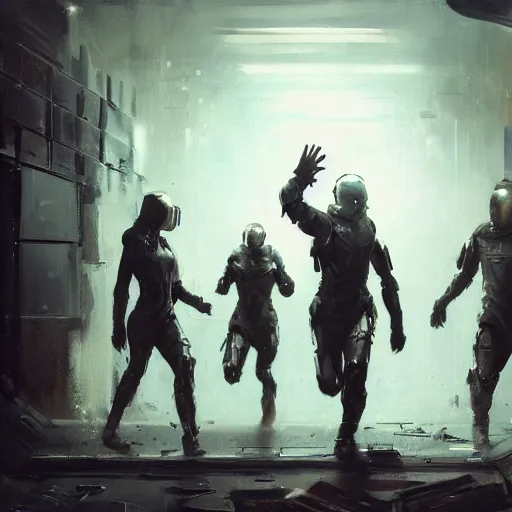 Image similar to concept art by greg rutkowski, three people running dressed in futuristic riot gear, in a claustrophobic, futuristic and brutalist environment, frightening and creepy atmosphere, scifi, highly detailed portrait, digital painting, artstation, concept art, smooth, sharp foccus ilustration, artstation hq