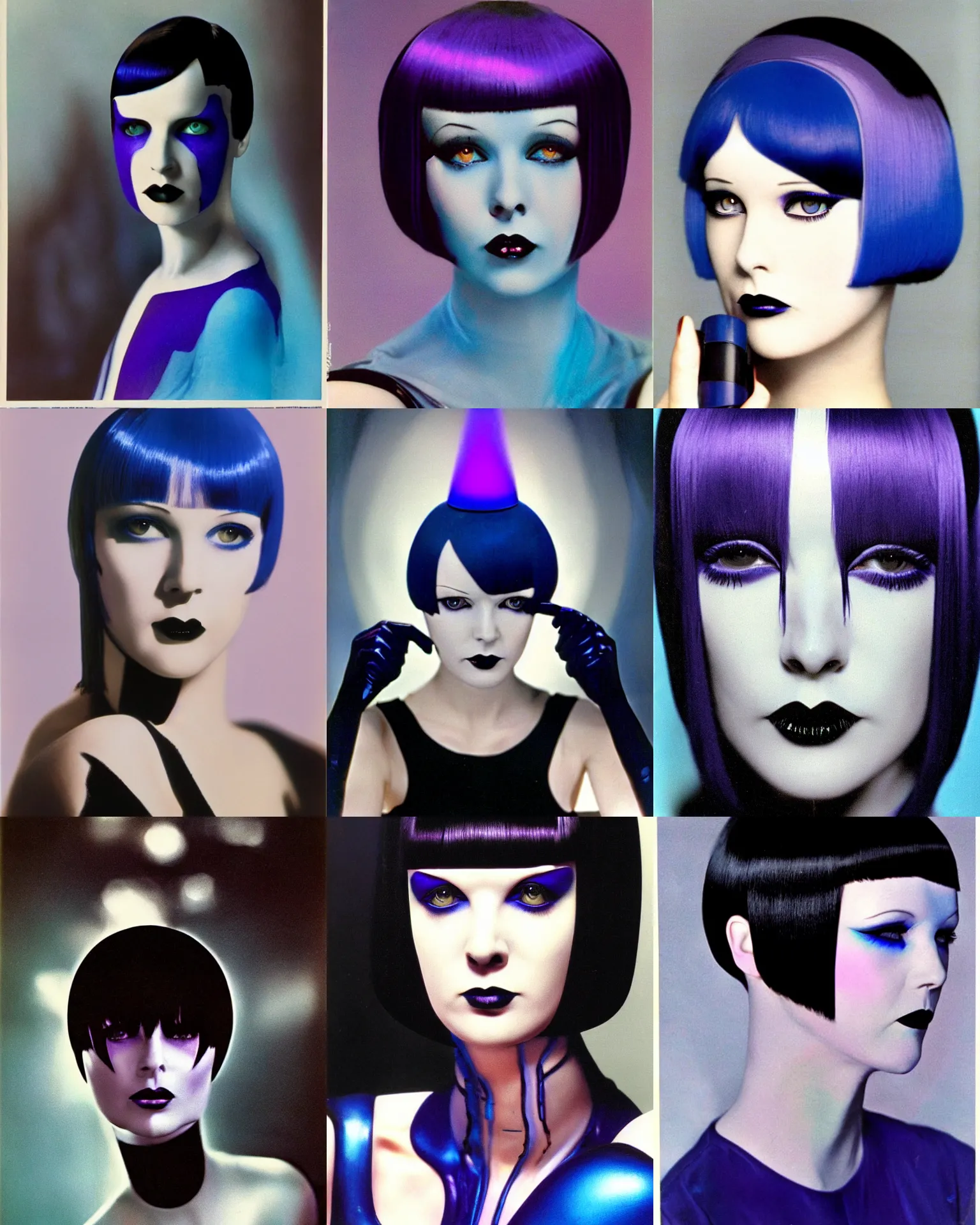 Prompt: mary louise brooks, half robot, 1 9 8 0 s airbrush, blue rim lighting, goth blue and purple makeup, black shiny bob haircut