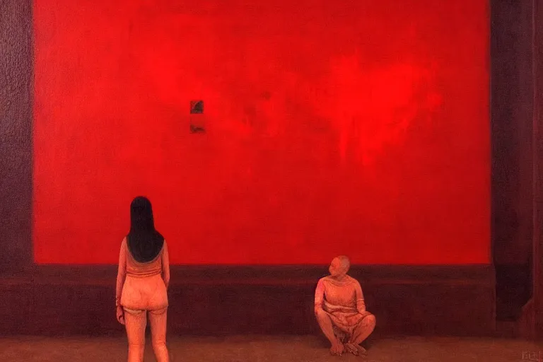 Image similar to only with red, crowd screaming, an exposed painting in a roman theater, in the style of beksinski, parts by edward hopper, parts by rodcenko, parts by yue minjun, intricate and epic composition, red by caravaggio, insanely quality, highly detailed, masterpiece, red light, artstation, 4 k