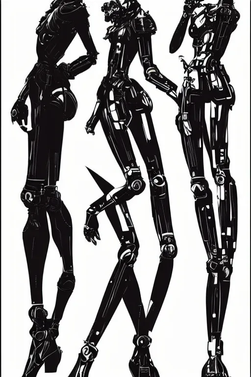 Image similar to feminine fashion robot character design by yoji shinkawa, sharp lines, highly detailed, full body shot