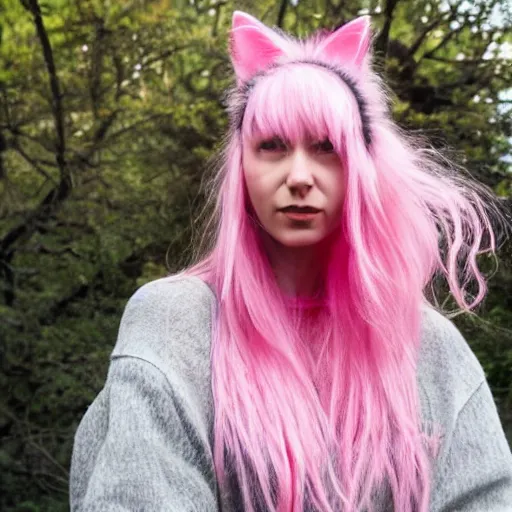 Prompt: photo of a young woman with messy pink hair and cat ears