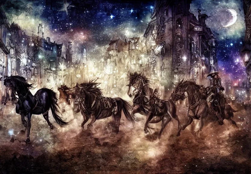 Image similar to horses riding through a steampunk city at night under a dark starred sky, dark fantasy, digital art, watercolor, high detail, dreaming illusion