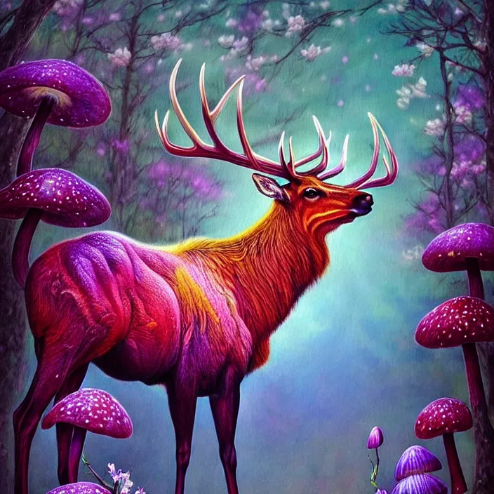 Image similar to extremely psychedelic elk made of orchid and cherry blossom tree and mushroom, LSD, diffuse lighting, fantasy, intricate, elegant, highly detailed, lifelike, photorealistic, digital painting, artstation, illustration, concept art, smooth, sharp focus, art by John Collier and Albert Aublet and Krenz Cushart and Artem Demura and Alphonse Mucha