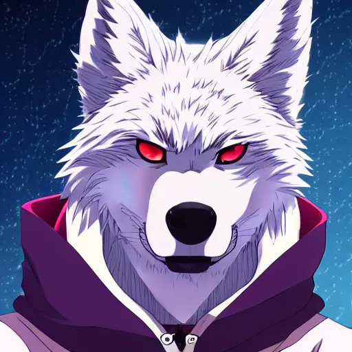 Prompt: key anime visual portrait of a handsome male anthro wolf furry fursona with beautiful eyes, wearing a hoodie, official modern animation