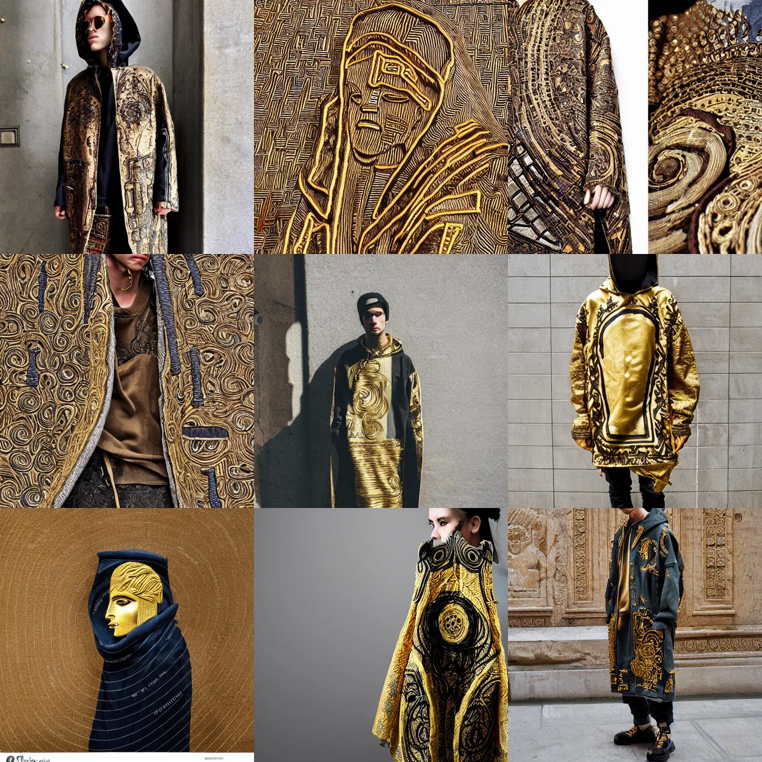 Prompt: streetwear cyberpunk cloak baggy wavy textile design greek pottery gold embroidery ancient artiface lines intricate model photograph hdr