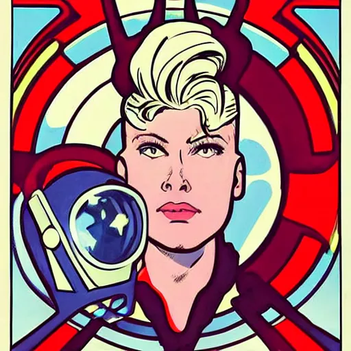 Image similar to a stoic heroic butch blonde emotionless woman, with very short slicked - back hair. she is dressed as an atompunk space hero. well composed, clean elegant painting, beautiful detailed face. comic book art by steve ditko and jack kirby and ( alphonse mucha )