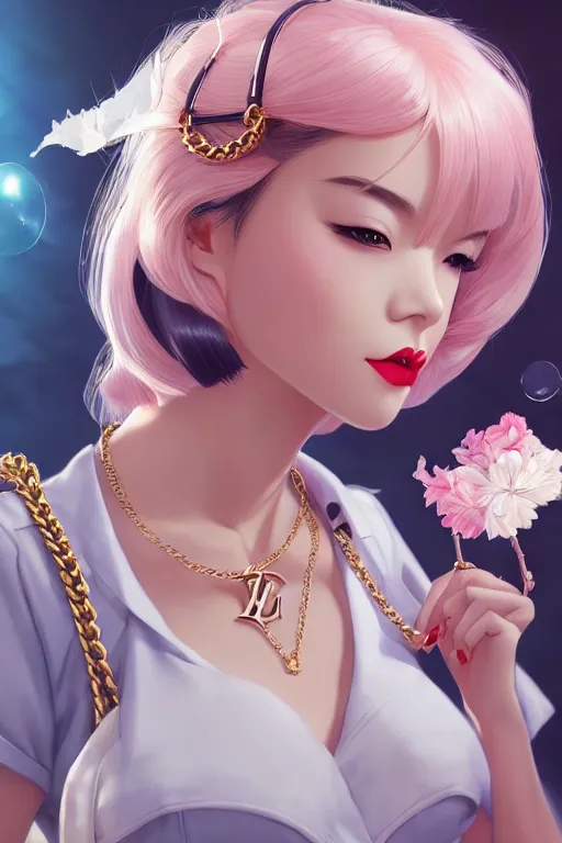 Image similar to a pin up and beautiful fashion dreamlke japan girl with lv jewelry, character art, art by artgerm and wlop and and ilya kuvshinov, hyperdetailed, 8 k realistic, symmetrical, frostbite 3 engine, cryengine, dof, trending on artstation, digital art, chanel, dior, fantasy background