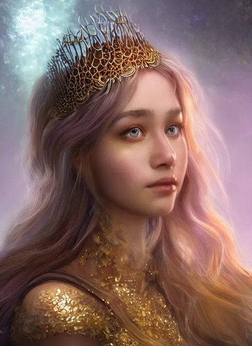 Prompt: portrait of a gorgeous fairy princess of the forest, gold tiara, highly detailed iridescent reptile scale skin, 8k render, ultra realistic, cinematic lighting, artstation, artgerm