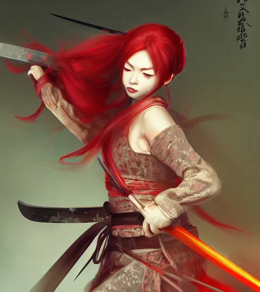 Image similar to a girl with red hair holding a katana, samurai outfit, japanese clothes, ponytail, action shot, highly detailed, digital painting, artstation, concept art, smooth, sharp focus, kunoichi, illustration