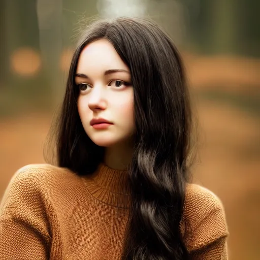 Prompt: real life photo of a beautiful girl, full body photoshoot, long black hair, brown eyes, full round face, short smile, brown sweater, forest setting, cinematic lightning, medium shot, mid - shot, highly detailed, trending on artstation, unreal engine 4 k, 8 0 mm, 8 5 mm, cinematic wallpaper