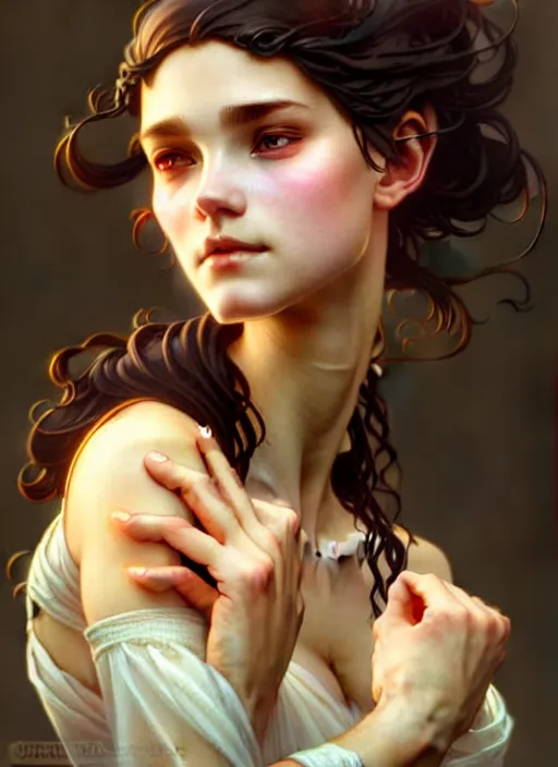 Image similar to dainty wilder face, incredibly detailed face, pretty face, light dress, true anatomy, art by artgerm and greg rutkowski and alphonse mucha