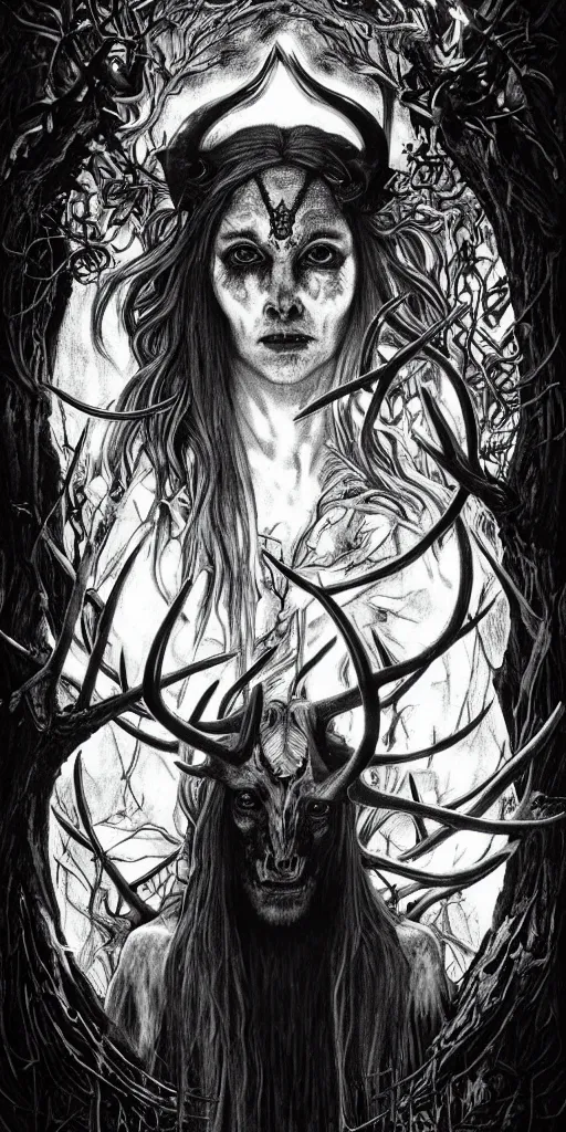 Prompt: intense glowing black metal pagan god with antlers and blood and intense glowing eyes with a goat skull in very dark forest by marco mazzoni and alphonse mucha, portrait, fantasy, clear, red and black and white, light beams, lens flare, intense, uhd, amazing depth, cinematic lighting