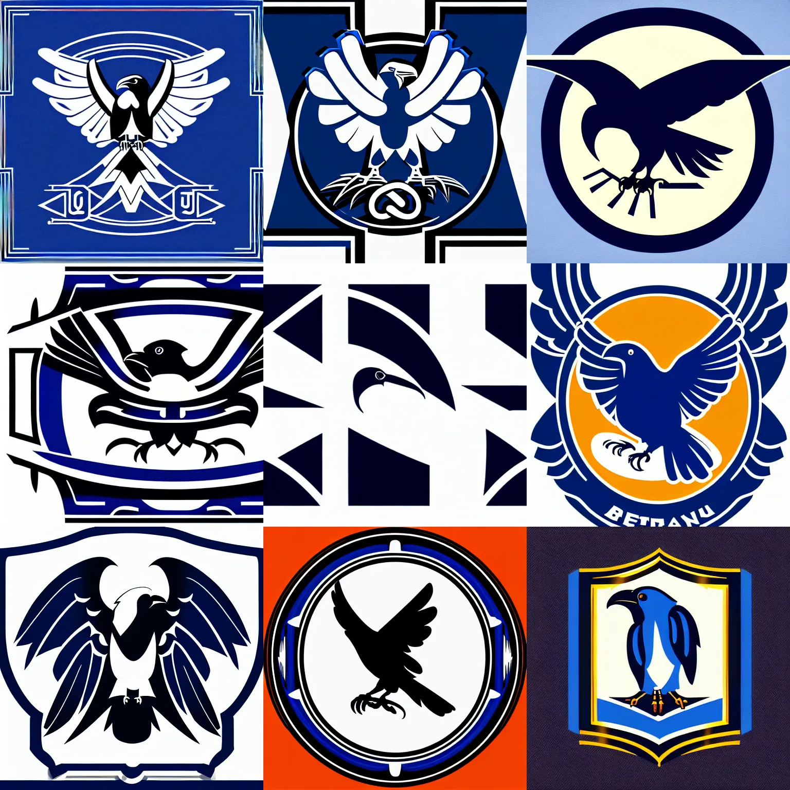 Prompt: peruvian style emblem portraying a raven, corporate logo, art deco, stylized, iconic, vector art, two - tone, clean lines, ultramarine blue and titanium white