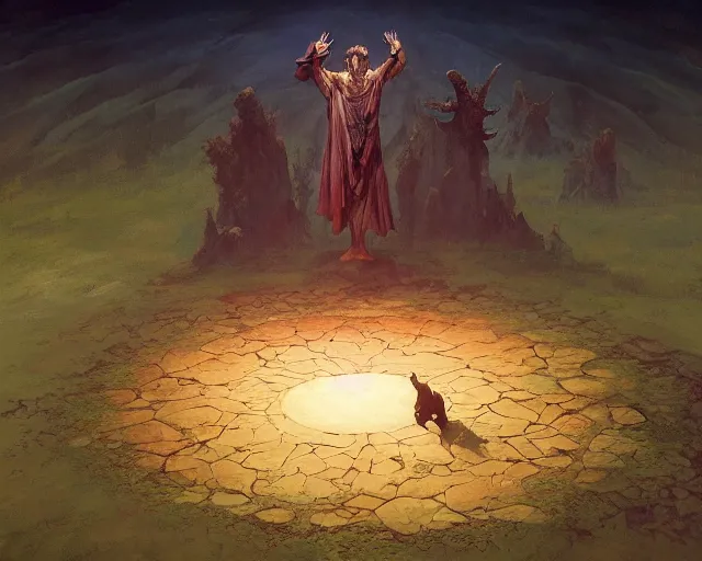 Image similar to a druid standing in a circle at the beginning of the world by greg rutkowski and frank frazetta and peter mohrbacher and william blake and dan mumford