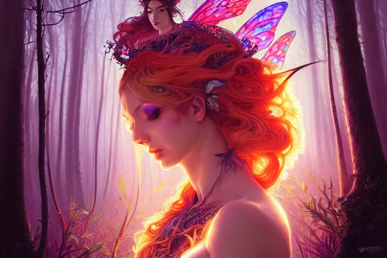 Image similar to stunningly beautiful female faerie priestess in amanita muscaria forest landscape, symmetrical wings on back, symmetrical detailed face, neon hair, fantasy art, dark light night, sharp focus, digital painting, 4 k, concept art, art by wlop, artgerm, greg rutkowski and alphonse mucha