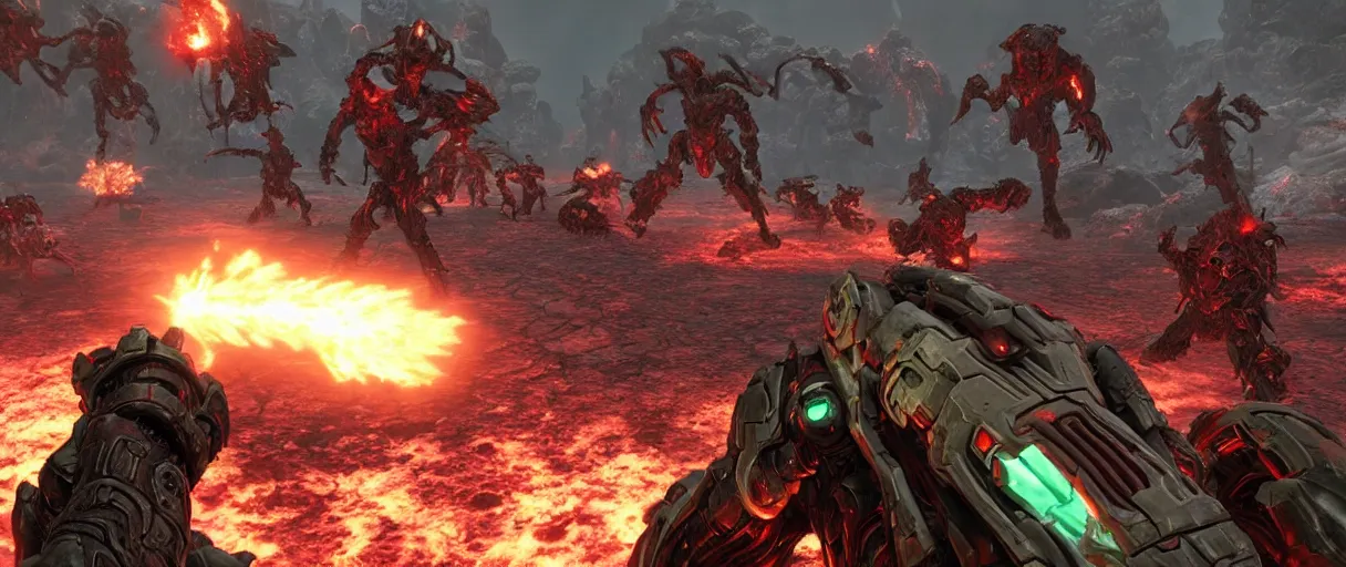 Image similar to doom slayer defeating hordes of demons and creatures on Urdak, wide shot, high detail, photorealistic, “doom eternal”, unreal engine