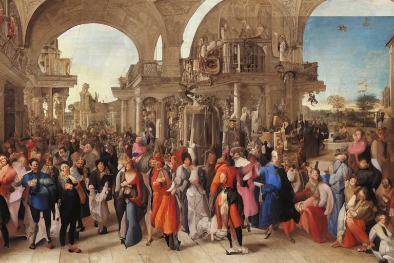 Prompt: people visiting art market in the future, botticeli style, renaissance