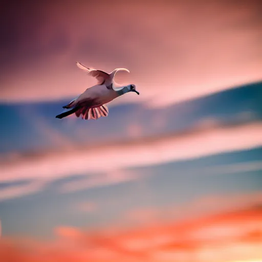 Prompt: Close-up realistic shot of a radiant white dove flying over the clouds at sunset, ethereal, vintage photograph, film grain, surreal, awe-inspiring, highly detailed, teal and orange color scheme