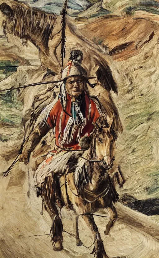 Image similar to full body shot picture of indigenous people leader riding a horse, painted by lucian freud, hd, super detailed, realistic, muted colors