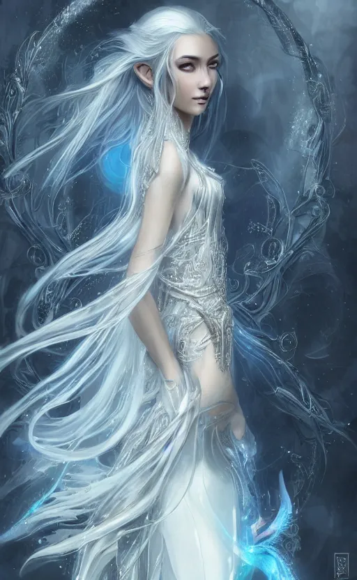 Image similar to an elven woman with long, silver hair cascading down her back. she has delicate, angular features and piercing blue eyes. she's clad in a flowing white dress with intricate silver embroidery, dynamic lighting, photorealistic fantasy concept art, trending on art station, stunning visuals, creative cinematic, ultra detailed