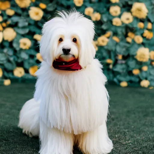 Image similar to a cream - colored havanese dog in a long dress posing for a picture, a poster by mark english, unsplash contest winner, private press, dynamic pose, full body, high resolution